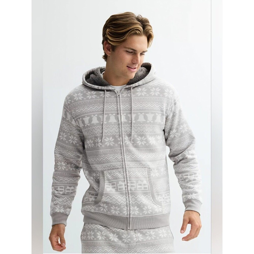 ADTN Men's Light Gray Fair Isle Holiday Pattern Sweatsuit Size XL Sherpa Lined